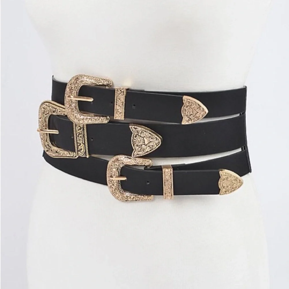 Vegan Leather Triple Buckle Western Corset Statement Belt